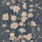 Karins Bukett wallpaper by Sandberg, lilies and tulips in cream and gold on a deep slate blue ground, flat swatch
