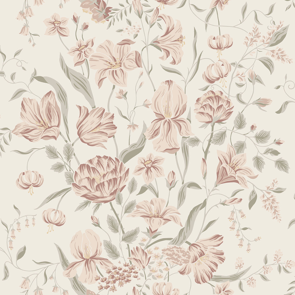 Karins Bukett wallpaper by Sandberg in dusty rose and sage, painterly garden florals on cream, flat swatch