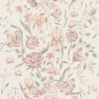 Karins Bukett wallpaper by Sandberg in dusty rose and sage, painterly garden florals on cream, flat swatch