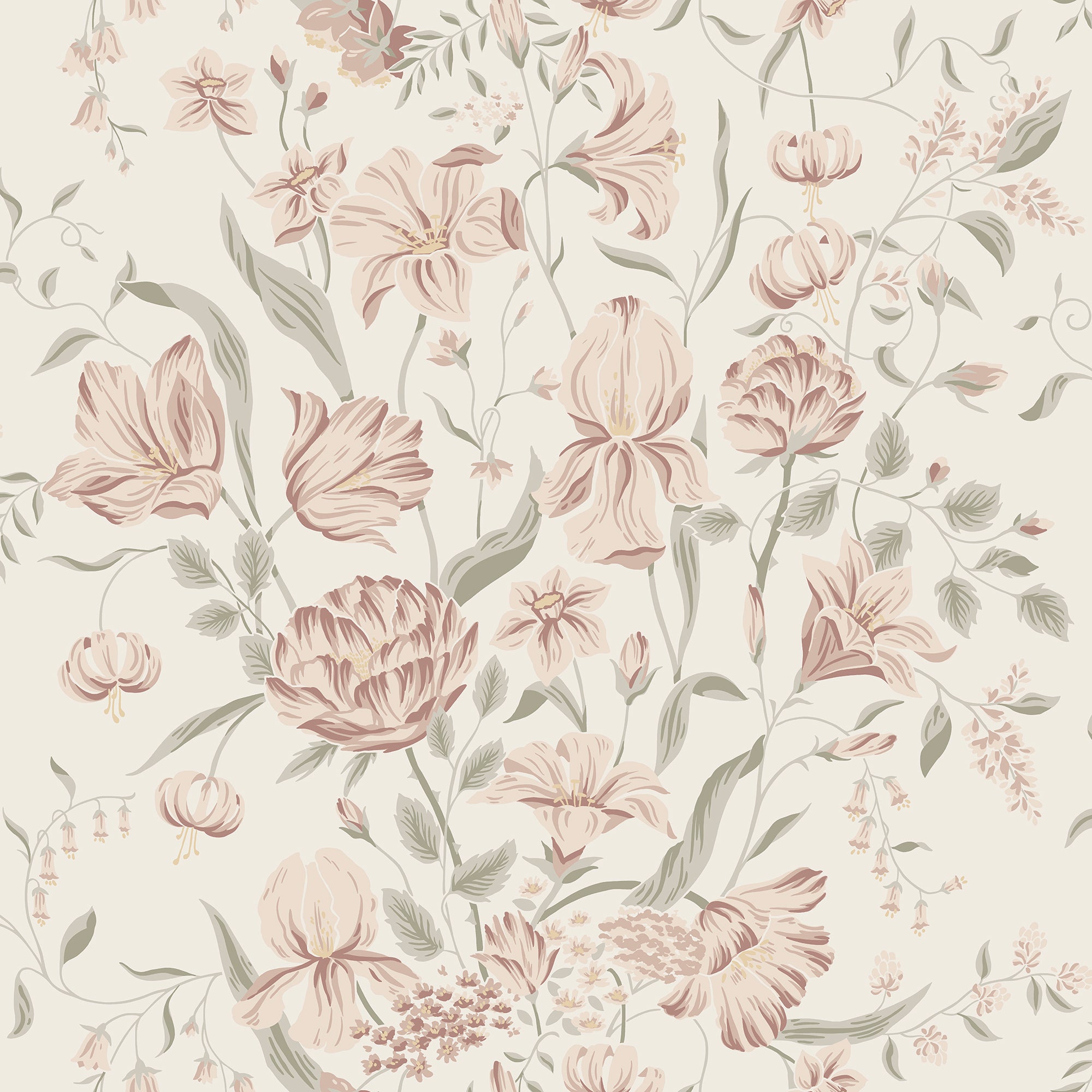 Karins Bukett wallpaper by Sandberg in dusty rose and sage, painterly garden florals on cream, flat swatch