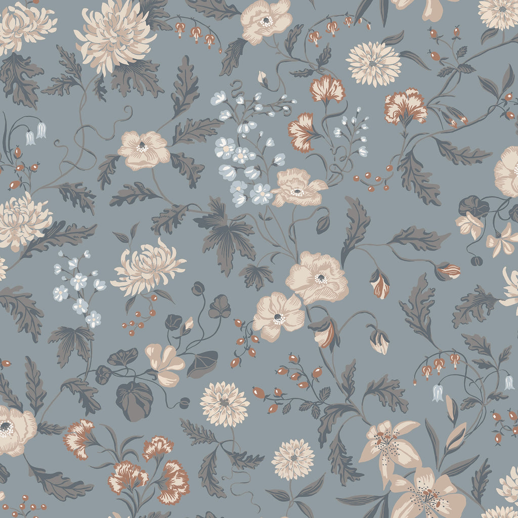 Till Karin wallpaper by Sandberg – modern design, Folklore Blue, flat pattern repeat