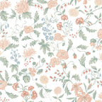 Till Karin wallpaper by Sandberg on white, bold blush, coral and sage trailing floral, flat swatch