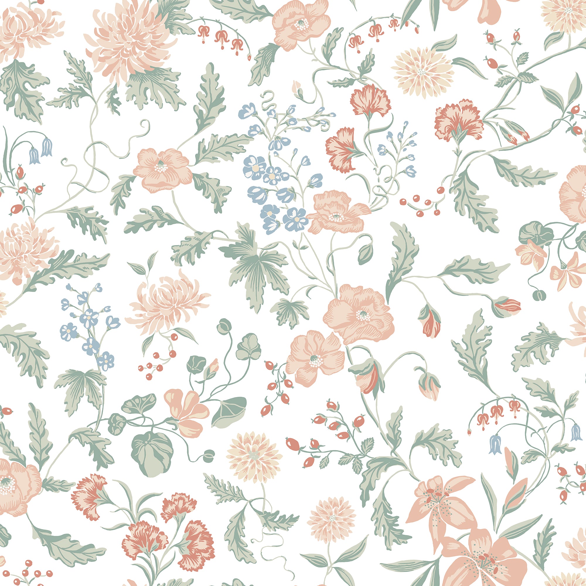 Till Karin wallpaper by Sandberg on white, bold blush, coral and sage trailing floral, flat swatch