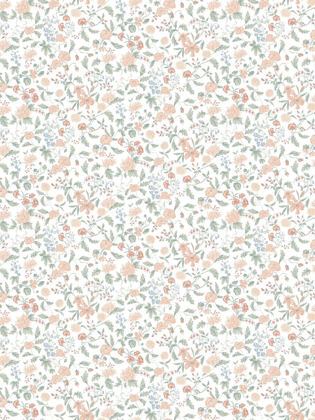 Till Karin wallpaper by Sandberg, delicate floral repeat in blush, sage and blue on a white ground