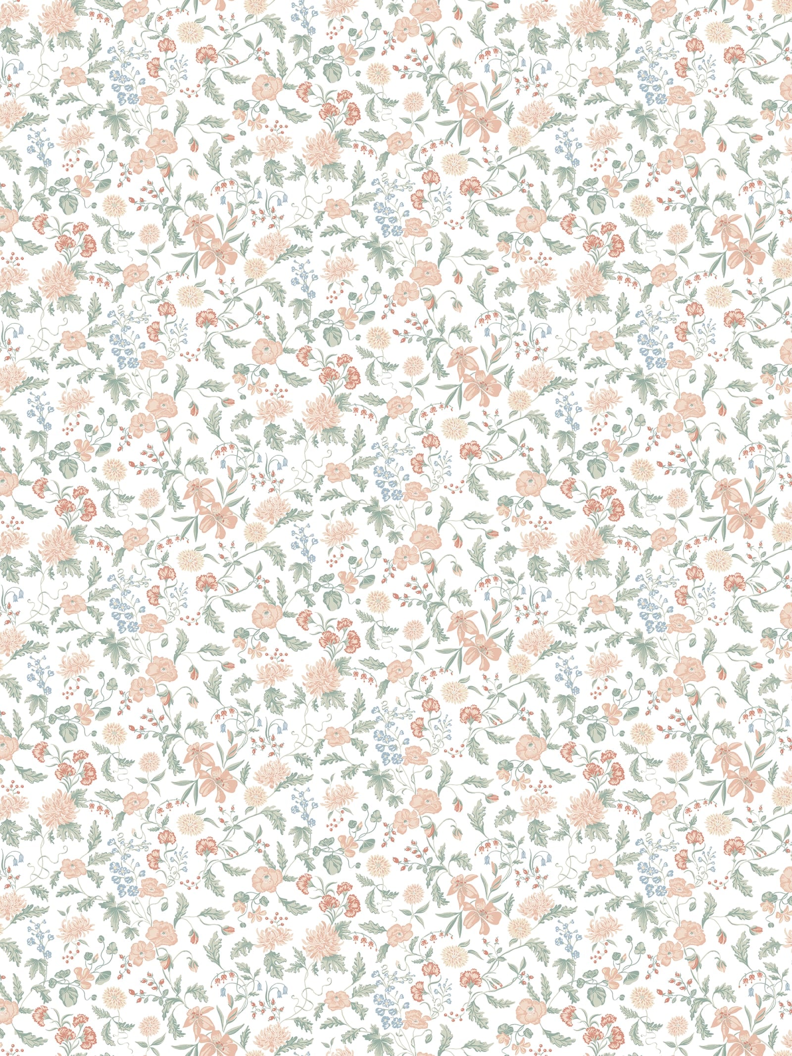 Till Karin wallpaper by Sandberg, delicate floral repeat in blush, sage and blue on a white ground