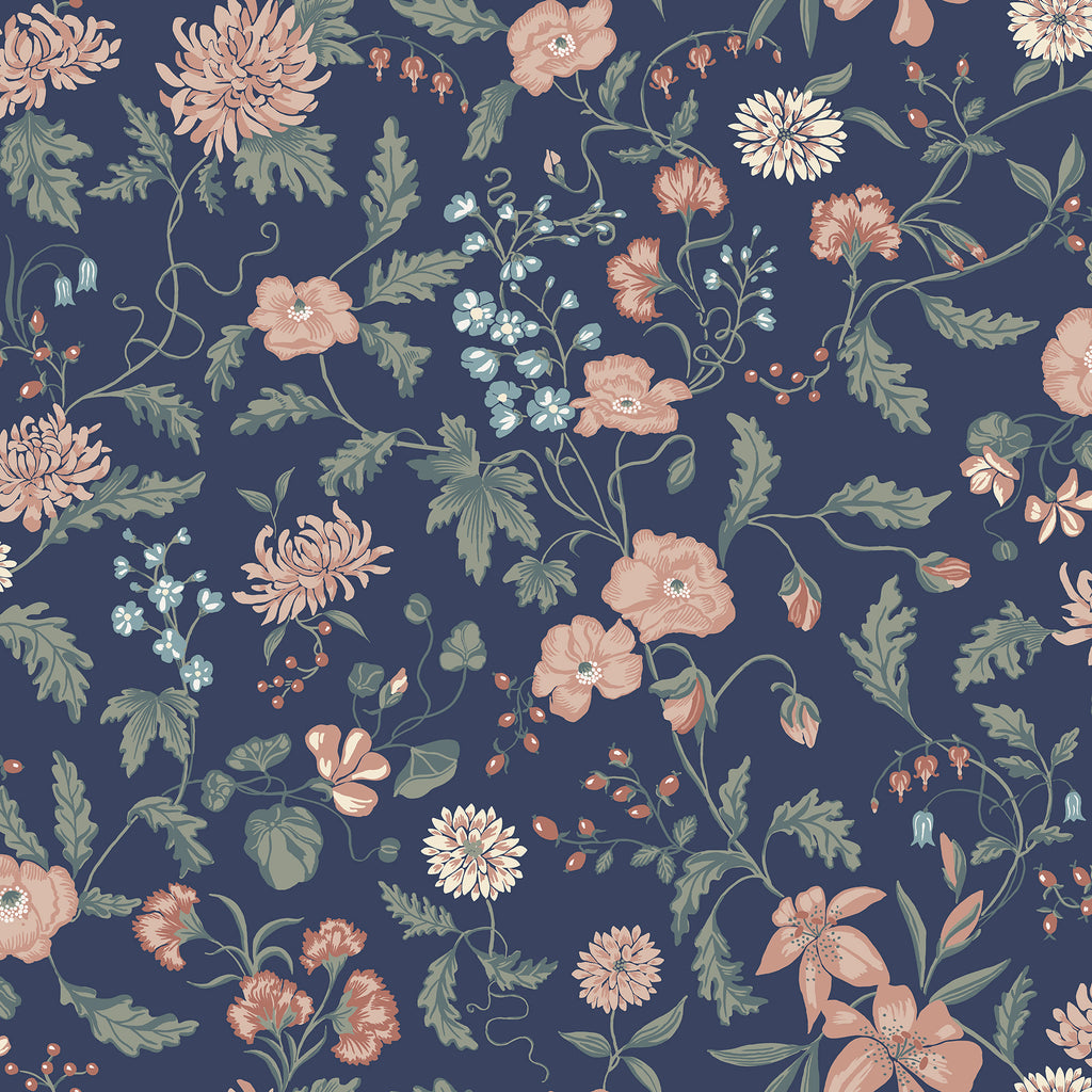 Till Karin wallpaper by Sandberg on navy blue, bold blush and sage trailing floral, flat swatch