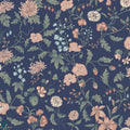 Till Karin wallpaper by Sandberg on navy blue, bold blush and sage trailing floral, flat swatch