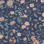 Till Karin wallpaper by Sandberg on navy blue, bold blush and sage trailing floral, flat swatch