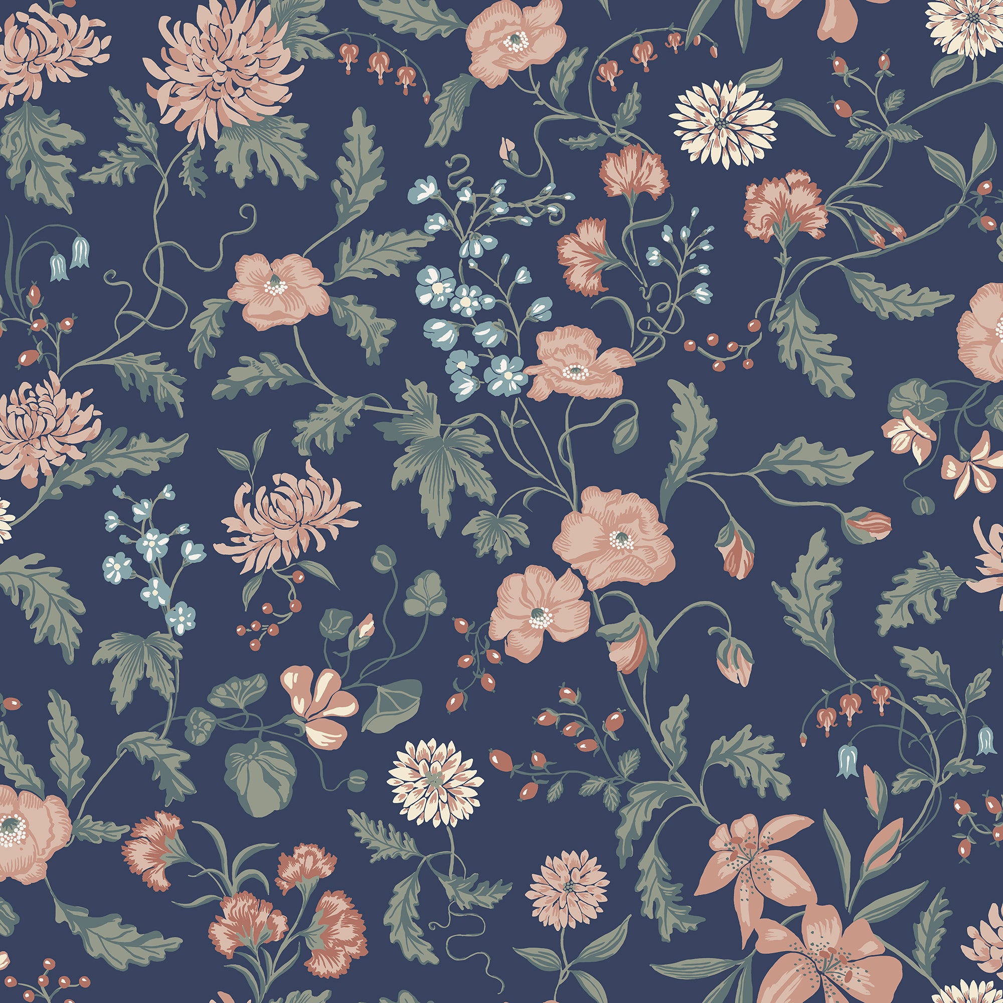 Till Karin wallpaper by Sandberg on navy blue, bold blush and sage trailing floral, flat swatch