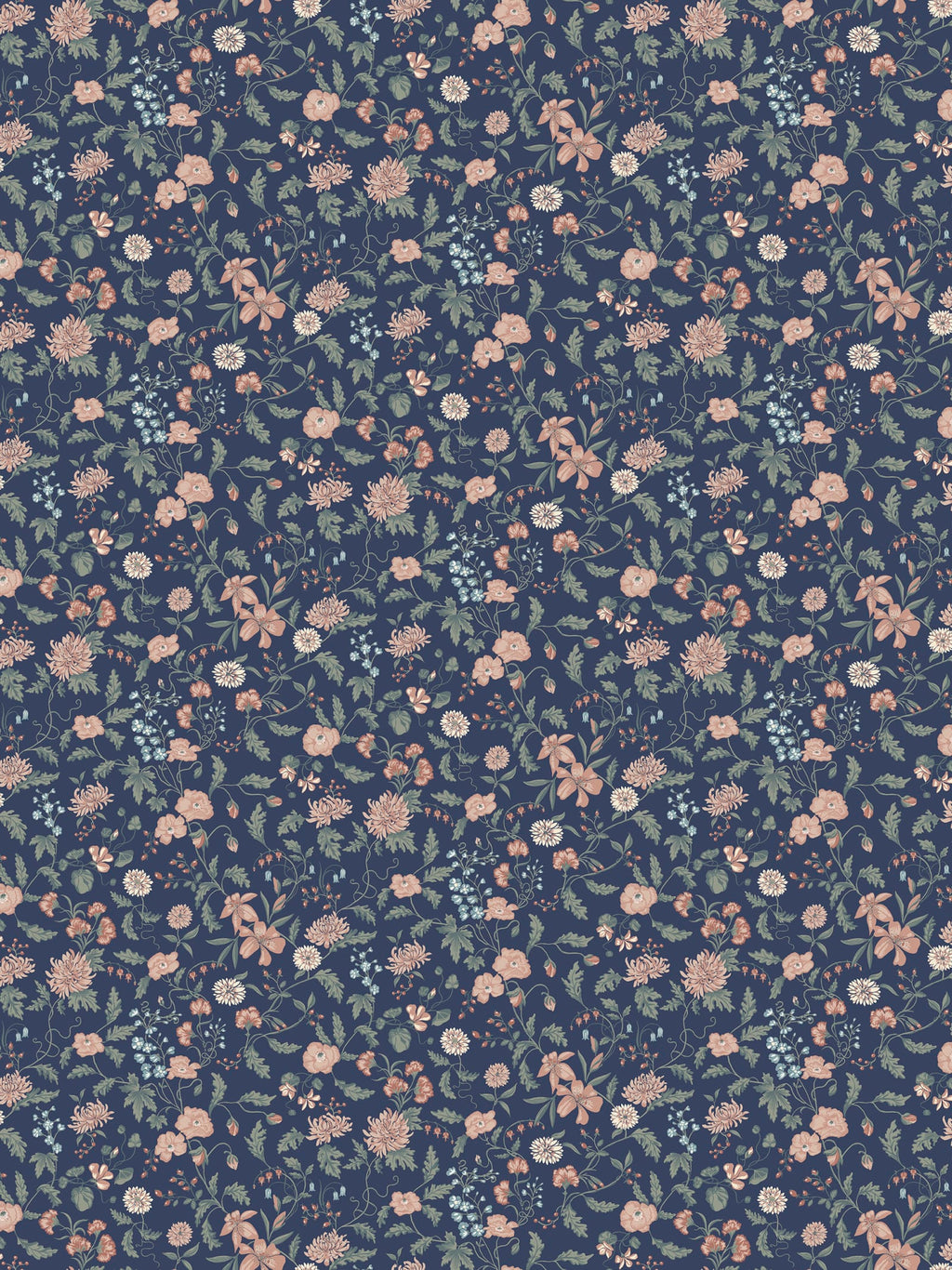 Till Karin wallpaper by Sandberg, navy blue ditsy floral repeat in soft blush, sage and blue