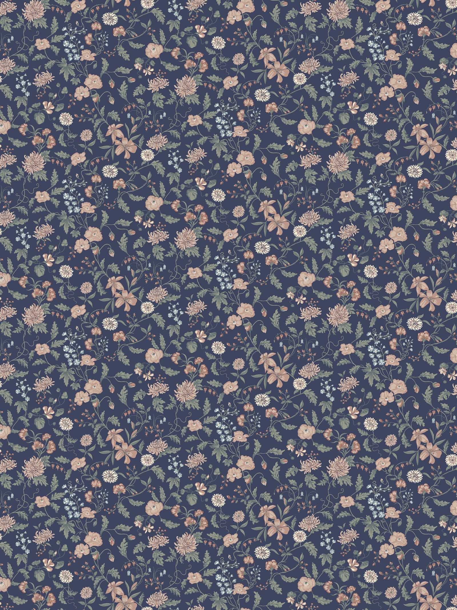 Till Karin wallpaper by Sandberg, navy blue ditsy floral repeat in soft blush, sage and blue