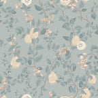 Kvitten wallpaper by Sandberg, cream quinces and peach blossom on branches over a duck-egg blue ground, flat roll swatch