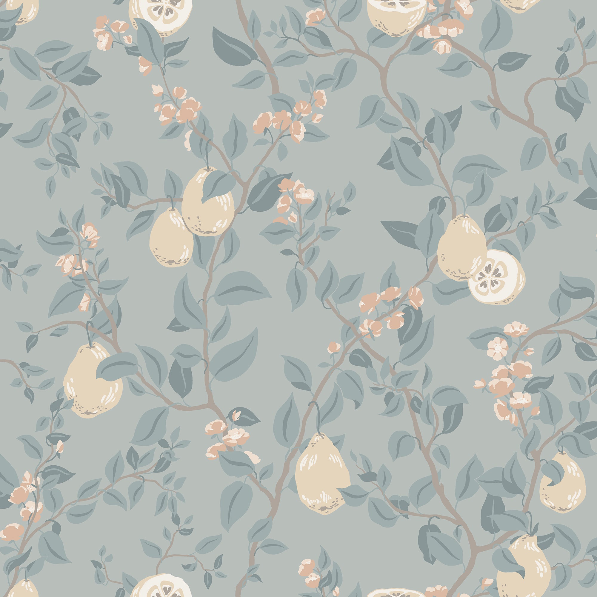 Kvitten wallpaper by Sandberg, cream quinces and peach blossom on branches over a duck-egg blue ground, flat roll swatch