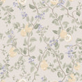 Kvitten wallpaper by Sandberg, pale quinces and lilac blossom on green branches over a soft greige ground, flat roll swatch
