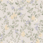 Kvitten wallpaper by Sandberg, pale quinces and lilac blossom on green branches over a soft greige ground, flat roll swatch