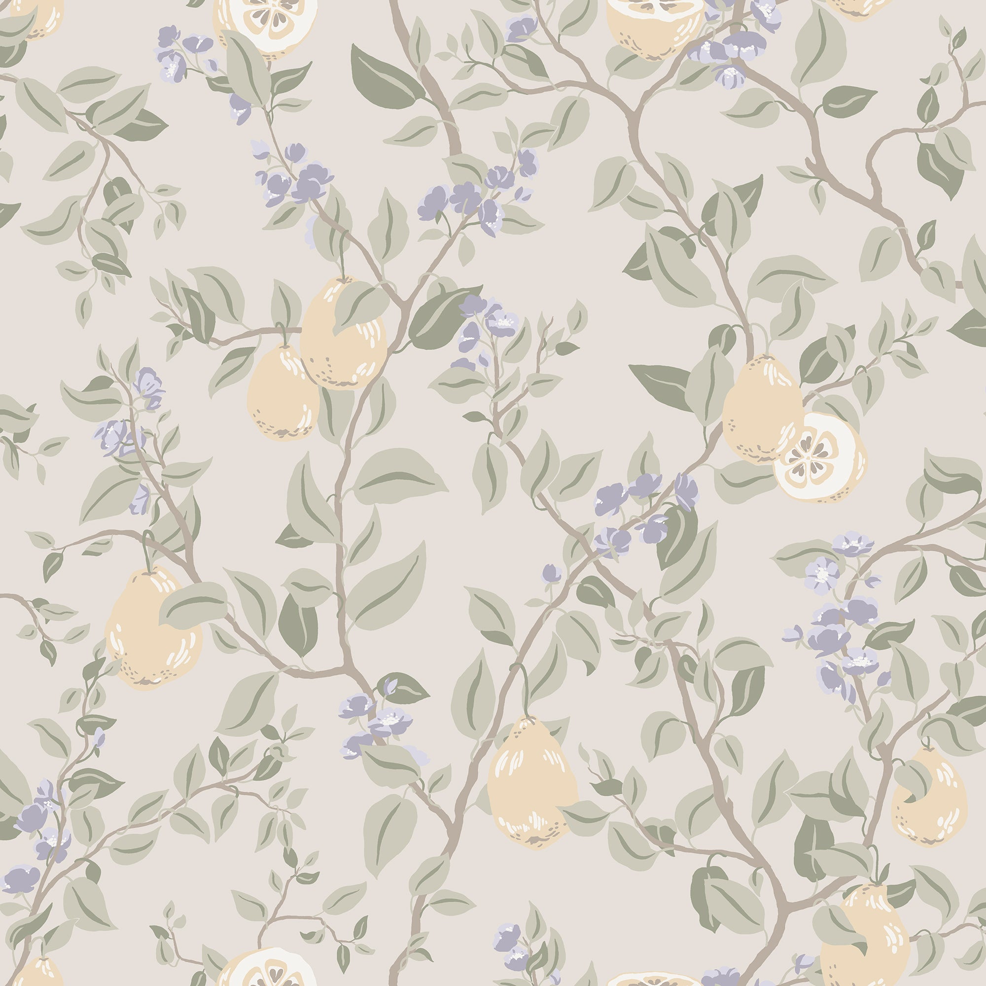Kvitten wallpaper by Sandberg, pale quinces and lilac blossom on green branches over a soft greige ground, flat roll swatch