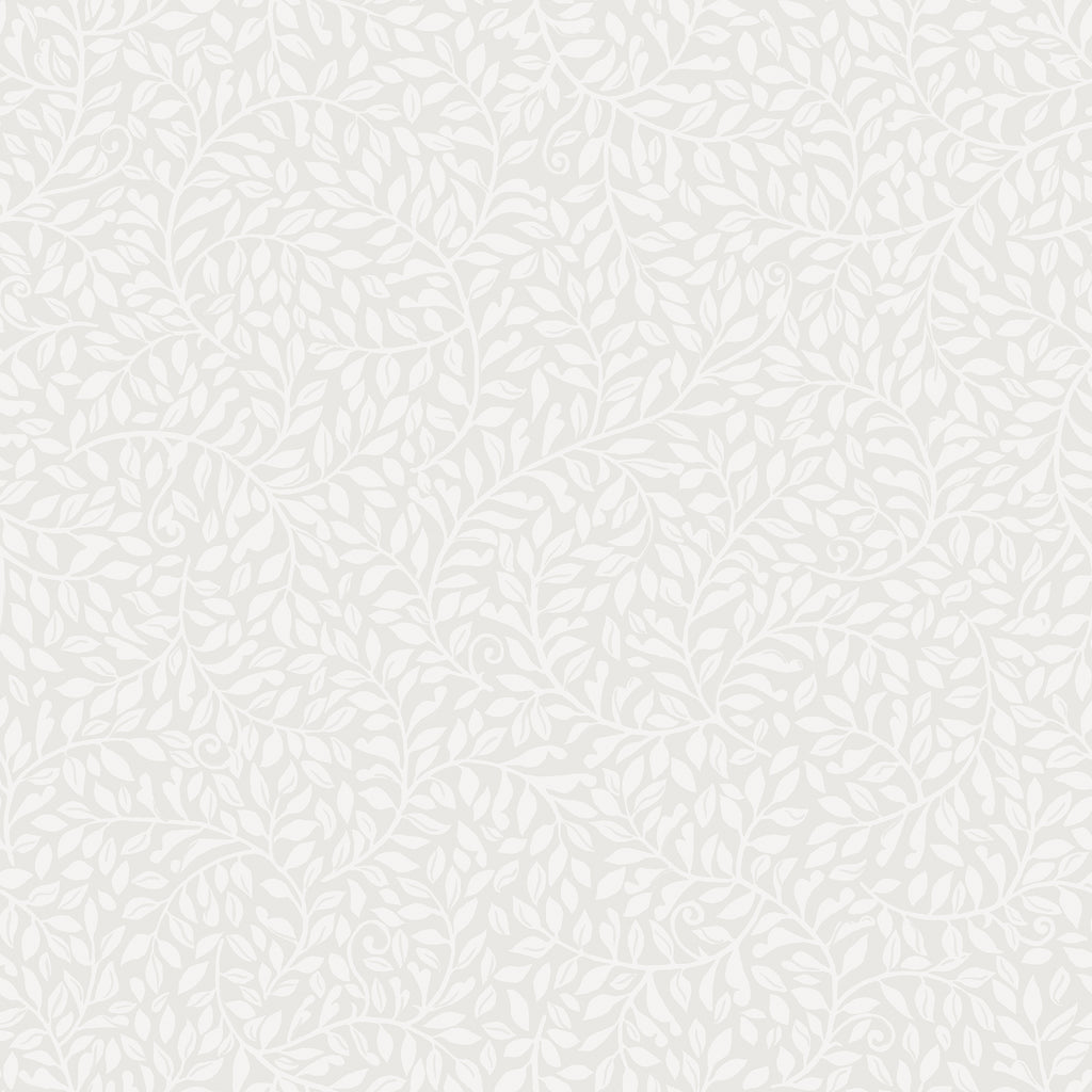 Sigfrid wallpaper by Sandberg, flat swatch of the delicate leaf vine pattern in soft white on an off-white ground