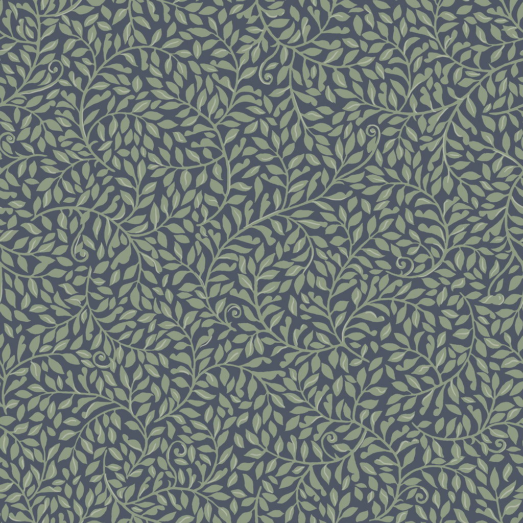 Sigfrid wallpaper by Sandberg, flat swatch of the trailing leaf vine pattern in sage green on a dark navy-blue ground