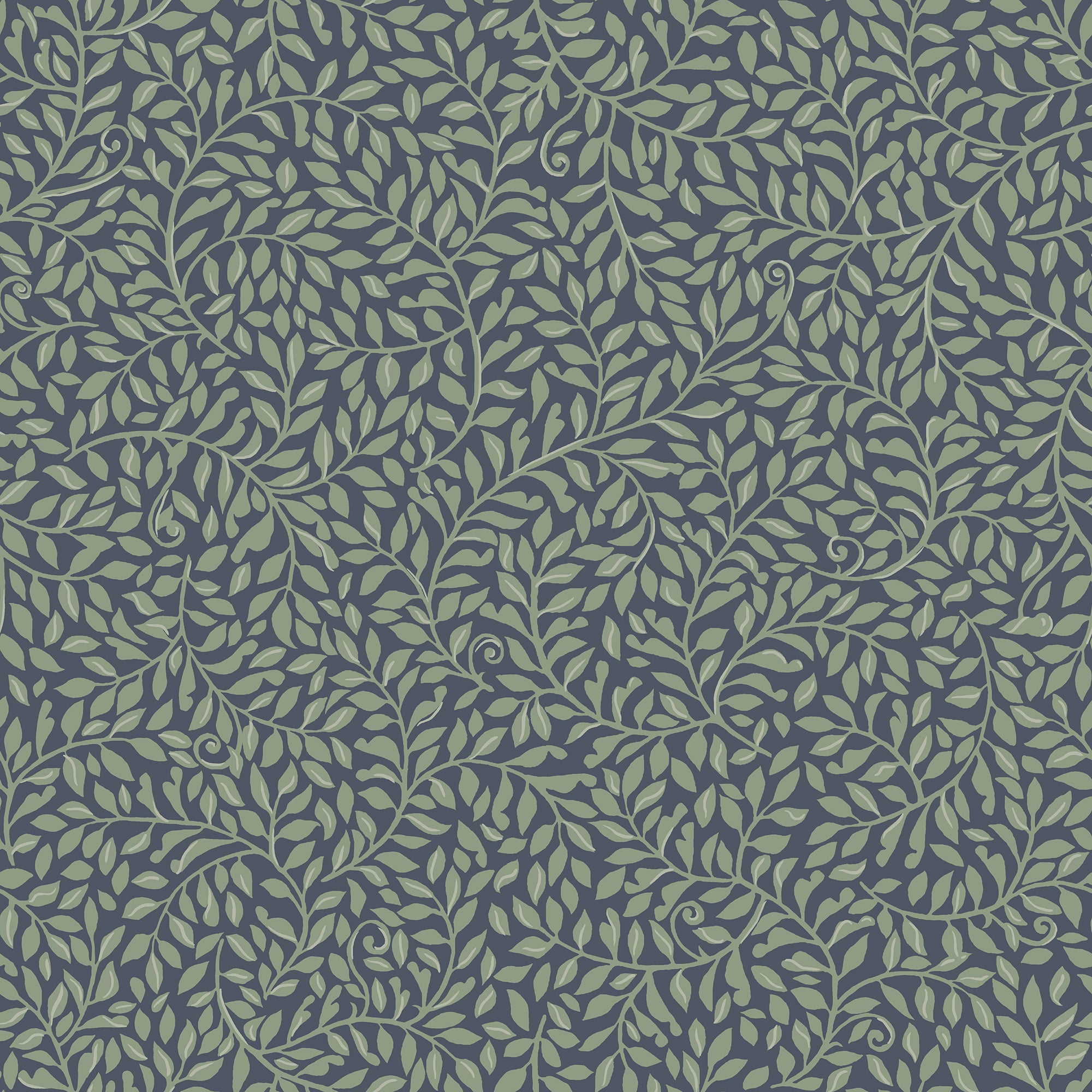 Sigfrid wallpaper by Sandberg, flat swatch of the trailing leaf vine pattern in sage green on a dark navy-blue ground