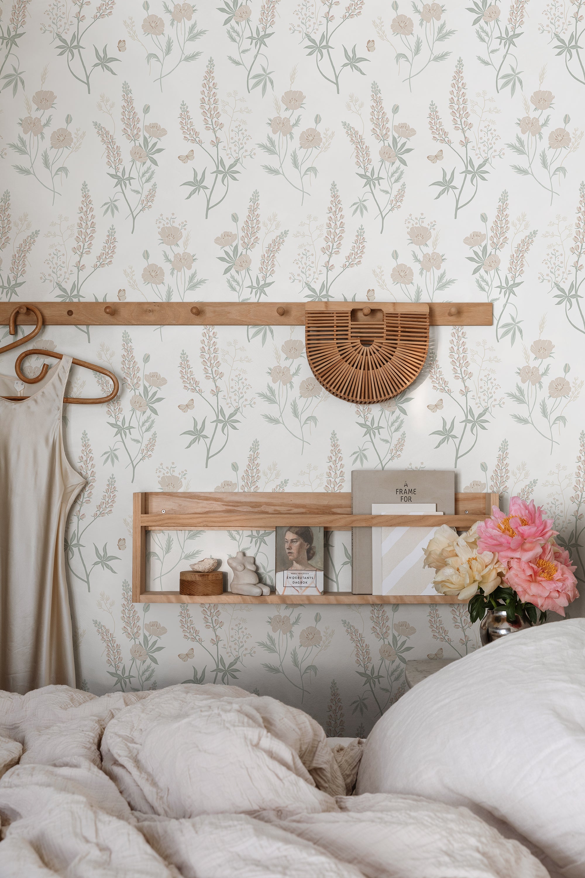 Emma wallpaper by Sandberg in Pastel, styled on an interior wall