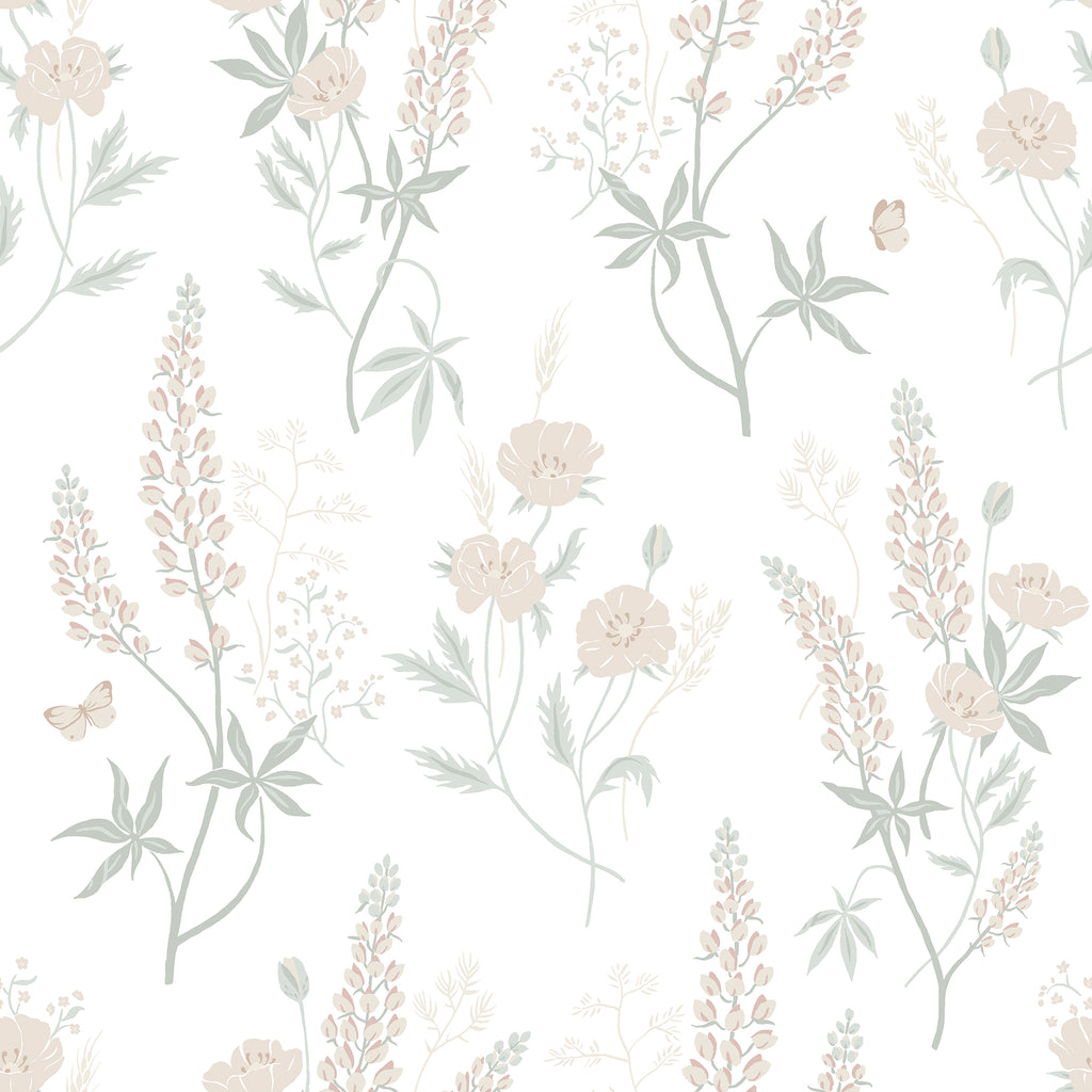 Emma wallpaper by Sandberg, flat swatch of blush lupins, poppies and butterflies on white