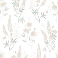 Emma wallpaper by Sandberg, flat swatch of blush lupins, poppies and butterflies on white