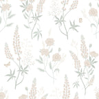 Emma wallpaper by Sandberg, flat swatch of blush lupins, poppies and butterflies on white