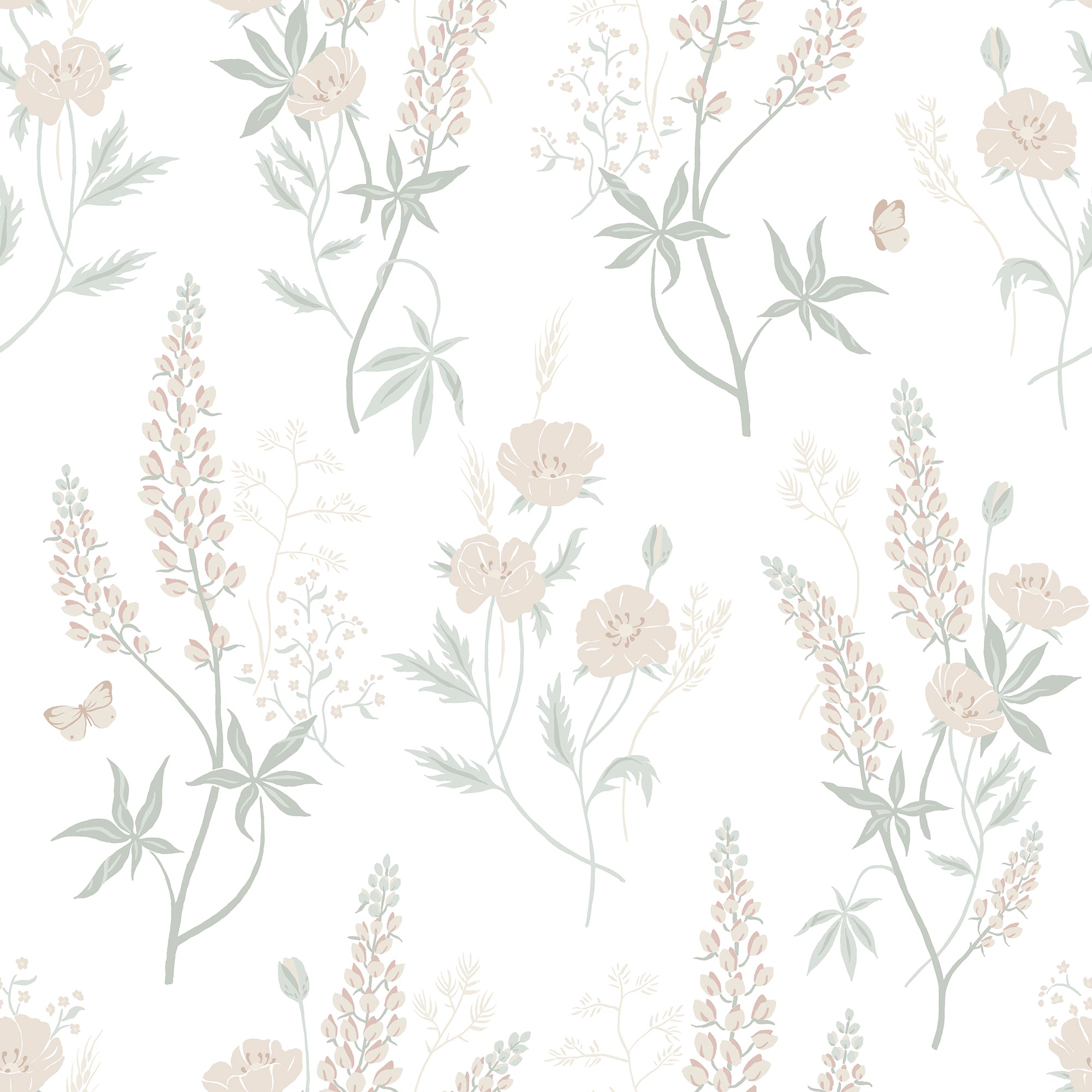 Emma wallpaper by Sandberg, flat swatch of blush lupins, poppies and butterflies on white