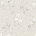 Emma wallpaper by Sandberg, flat swatch of white wildflowers and lupins on greige