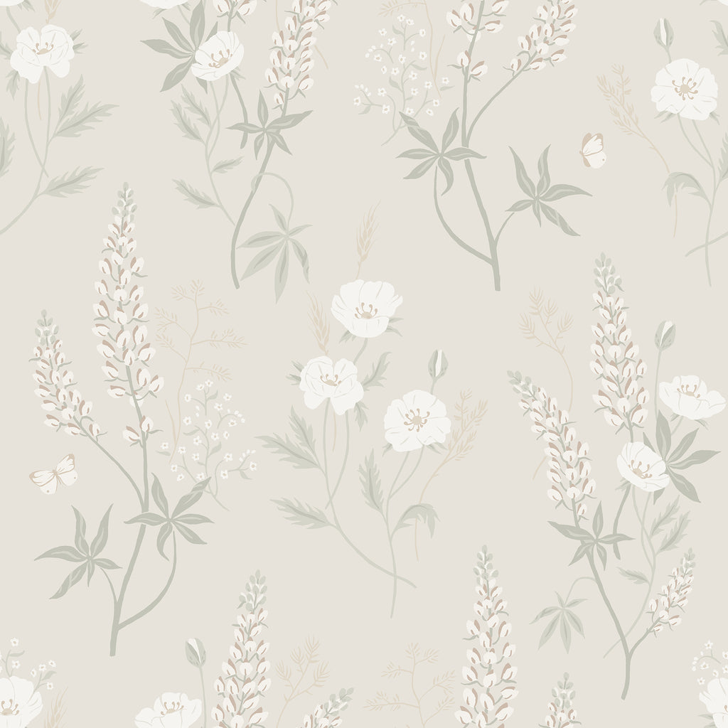 Emma wallpaper by Sandberg, flat swatch of white wildflowers and lupins on greige