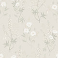 Emma wallpaper by Sandberg, flat swatch of white wildflowers and lupins on greige
