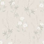 Emma wallpaper by Sandberg, flat swatch of white wildflowers and lupins on greige