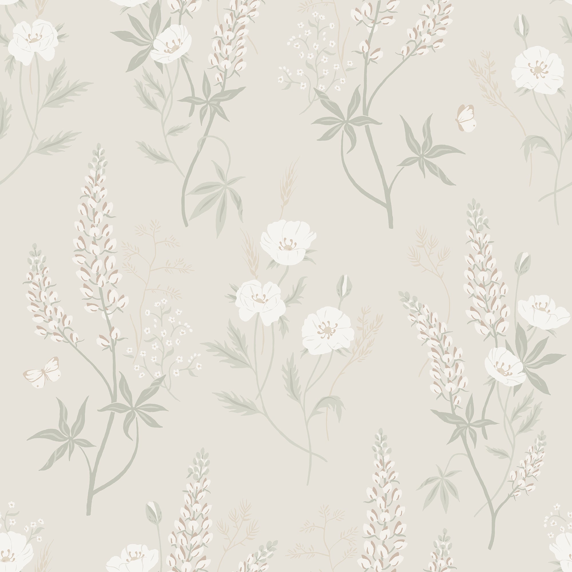 Emma wallpaper by Sandberg, flat swatch of white wildflowers and lupins on greige