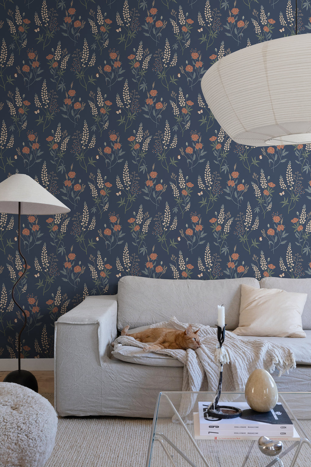 Emma wallpaper by Sandberg in Classic Blue, styled on an interior wall