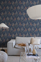 Emma wallpaper by Sandberg in Classic Blue, styled on an interior wall