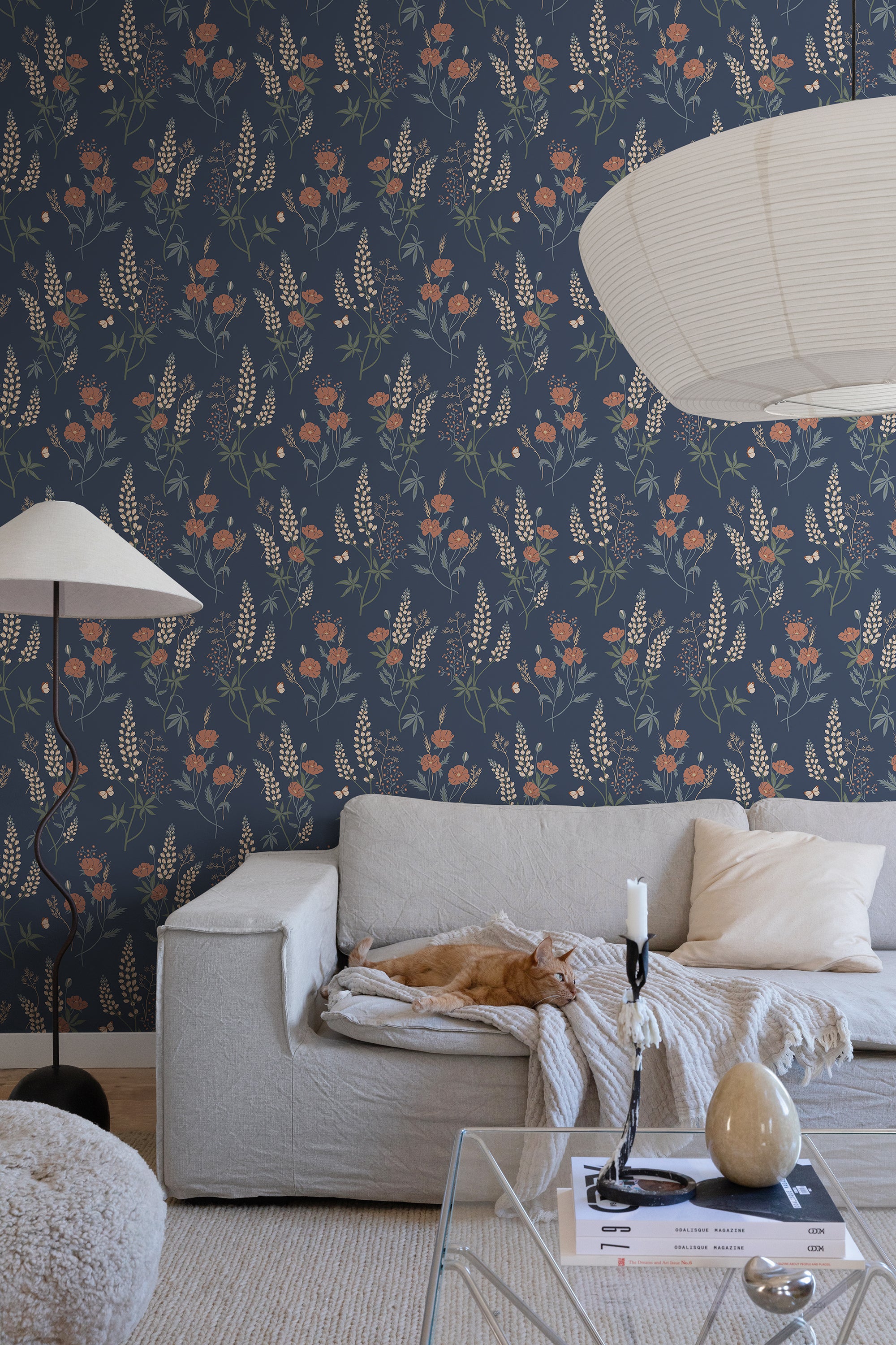 Emma wallpaper by Sandberg in Classic Blue, styled on an interior wall