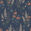 Emma wallpaper by Sandberg, flat swatch of lupins and rust poppies on deep navy blue