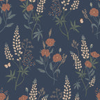 Emma wallpaper by Sandberg, flat swatch of lupins and rust poppies on deep navy blue