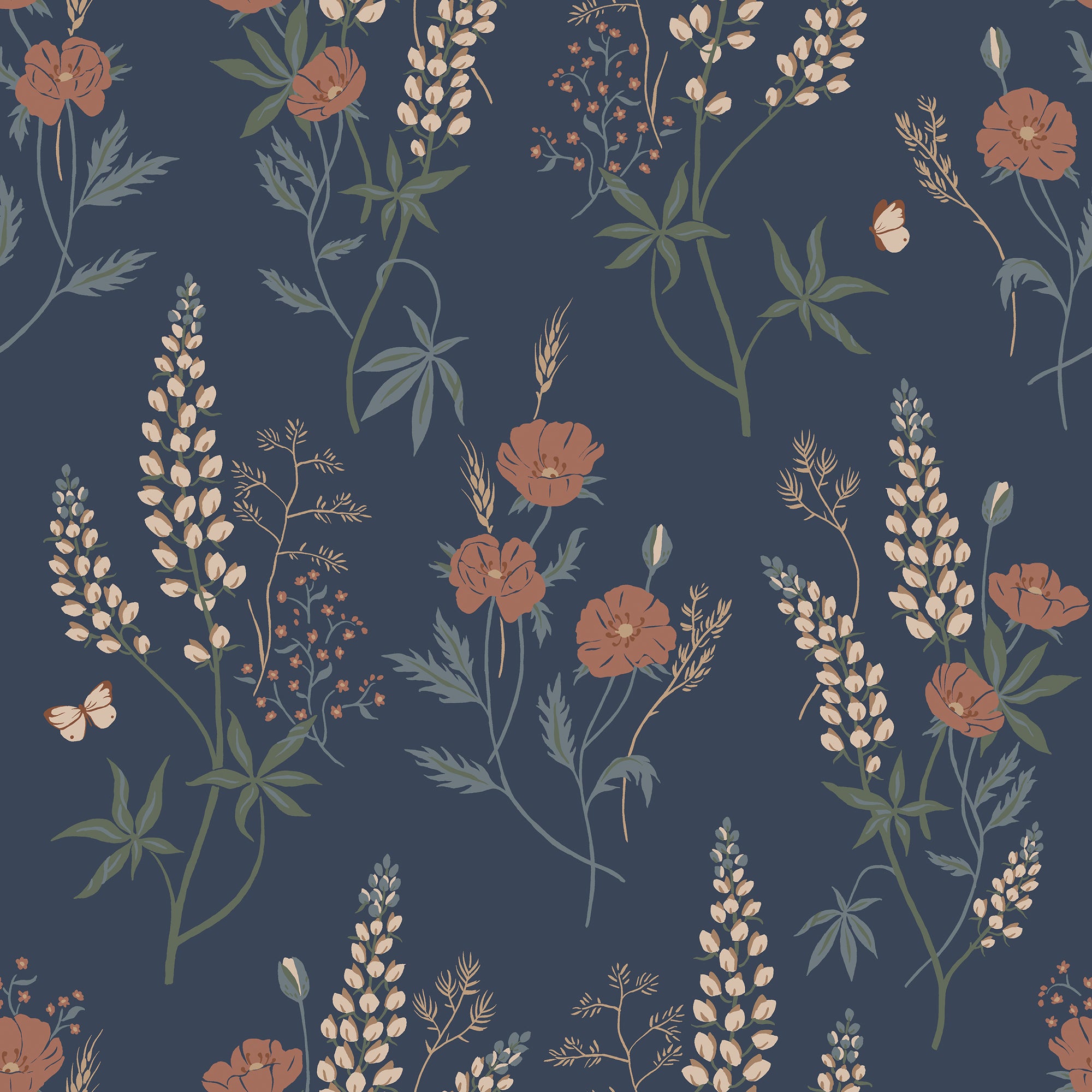 Emma wallpaper by Sandberg, flat swatch of lupins and rust poppies on deep navy blue