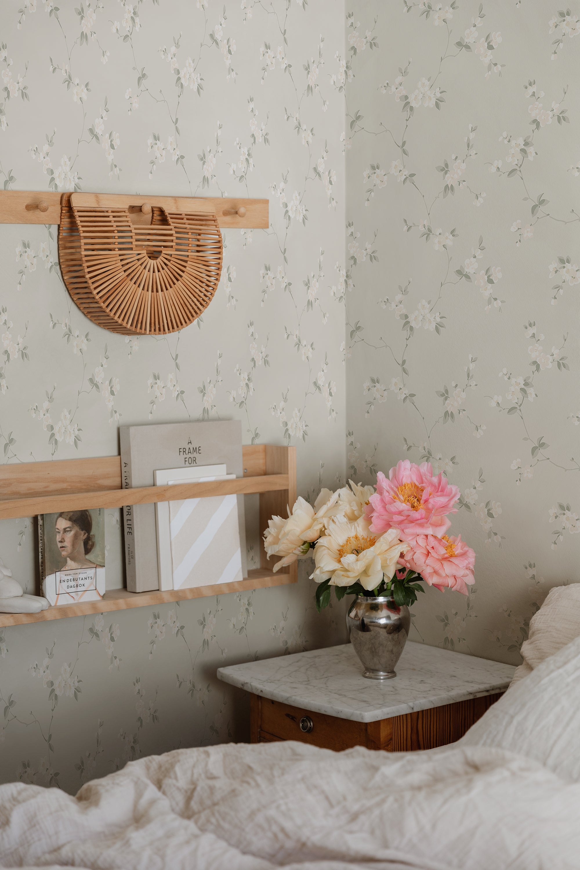 Engla wallpaper by Sandberg in Sandstone, styled on an interior wall