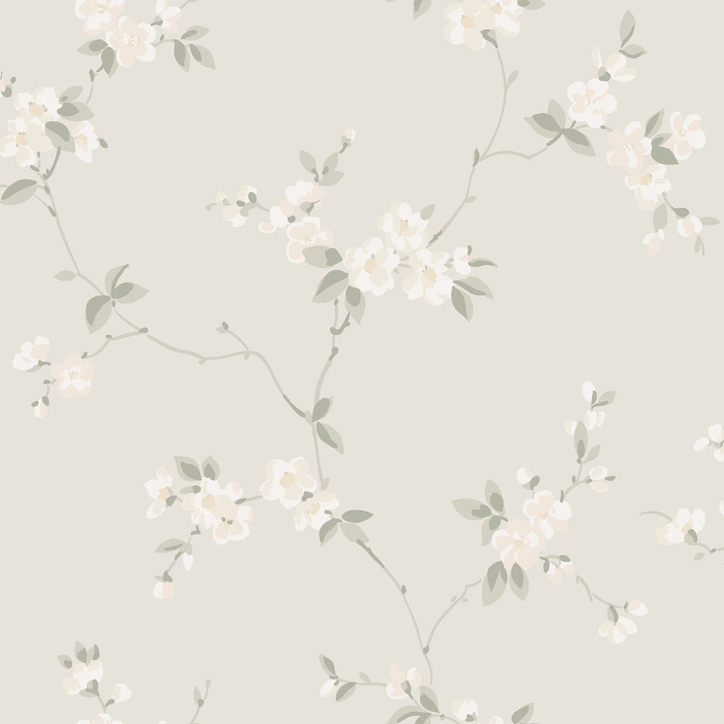 Engla wallpaper by Sandberg, soft white blossom sprigs on a pale greige ground, flat swatch