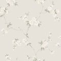 Engla wallpaper by Sandberg, soft white blossom sprigs on a pale greige ground, flat swatch