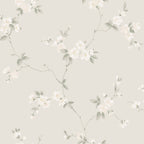 Engla wallpaper by Sandberg, soft white blossom sprigs on a pale greige ground, flat swatch