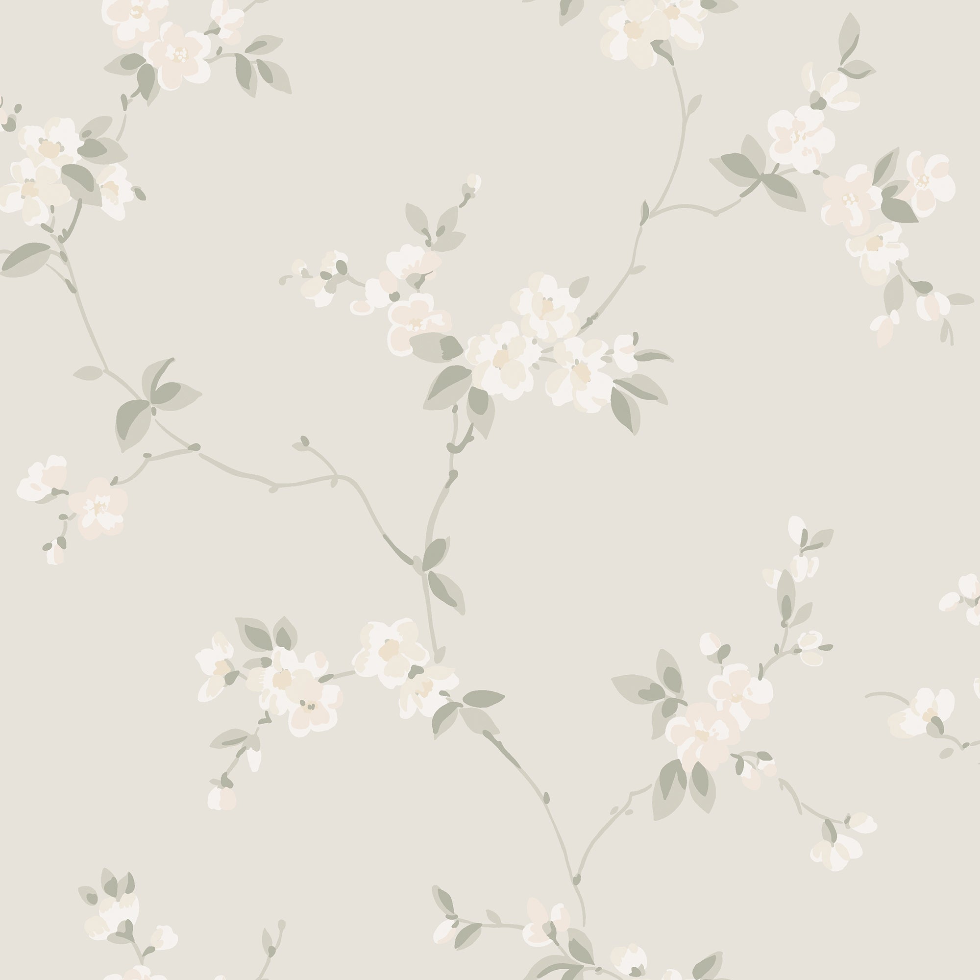 Engla wallpaper by Sandberg, soft white blossom sprigs on a pale greige ground, flat swatch