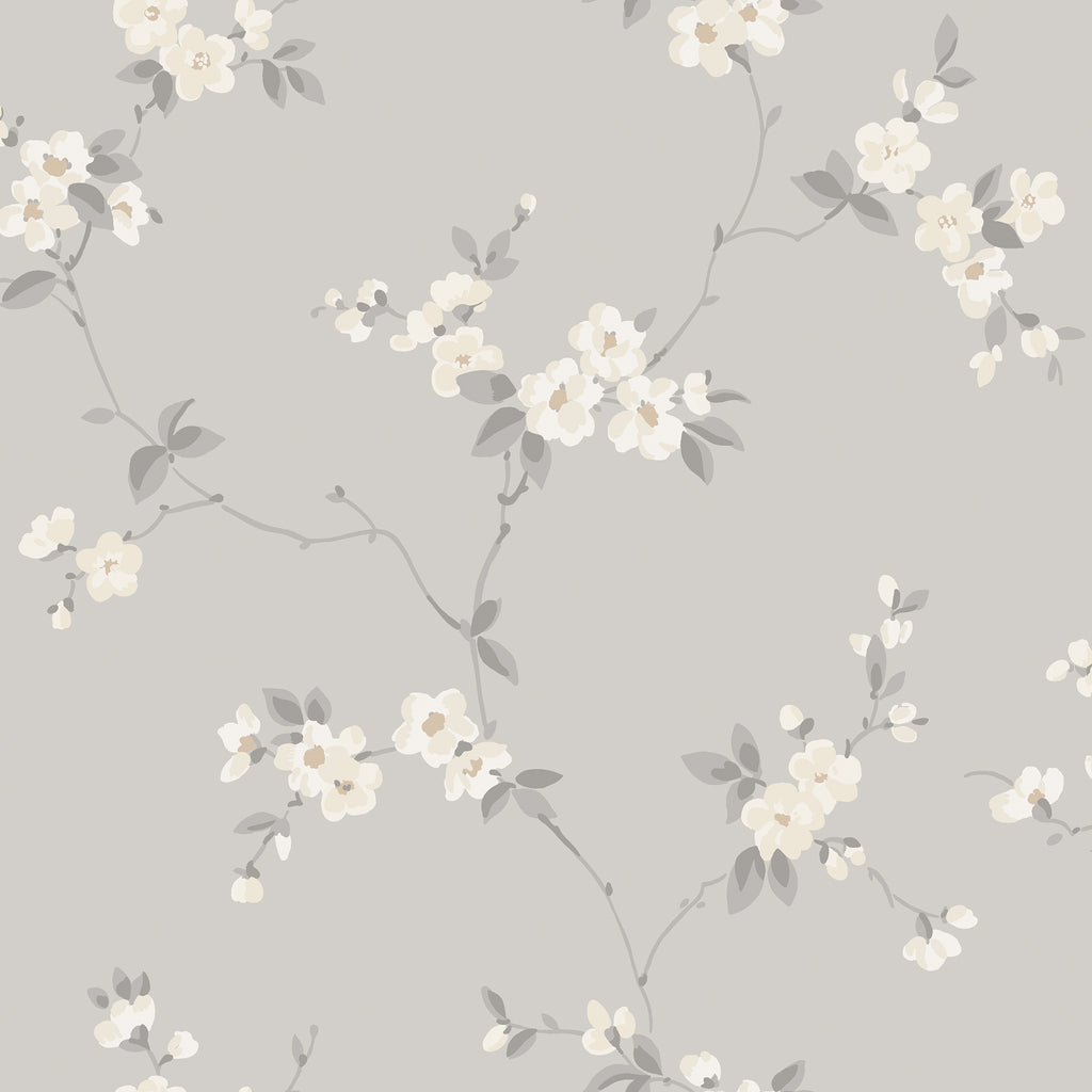 Engla wallpaper by Sandberg, ivory blossom sprigs with grey leaves on a soft grey ground, flat swatch