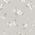 Engla wallpaper by Sandberg, ivory blossom sprigs with grey leaves on a soft grey ground, flat swatch