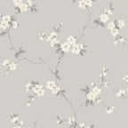 Engla wallpaper by Sandberg, ivory blossom sprigs with grey leaves on a soft grey ground, flat swatch