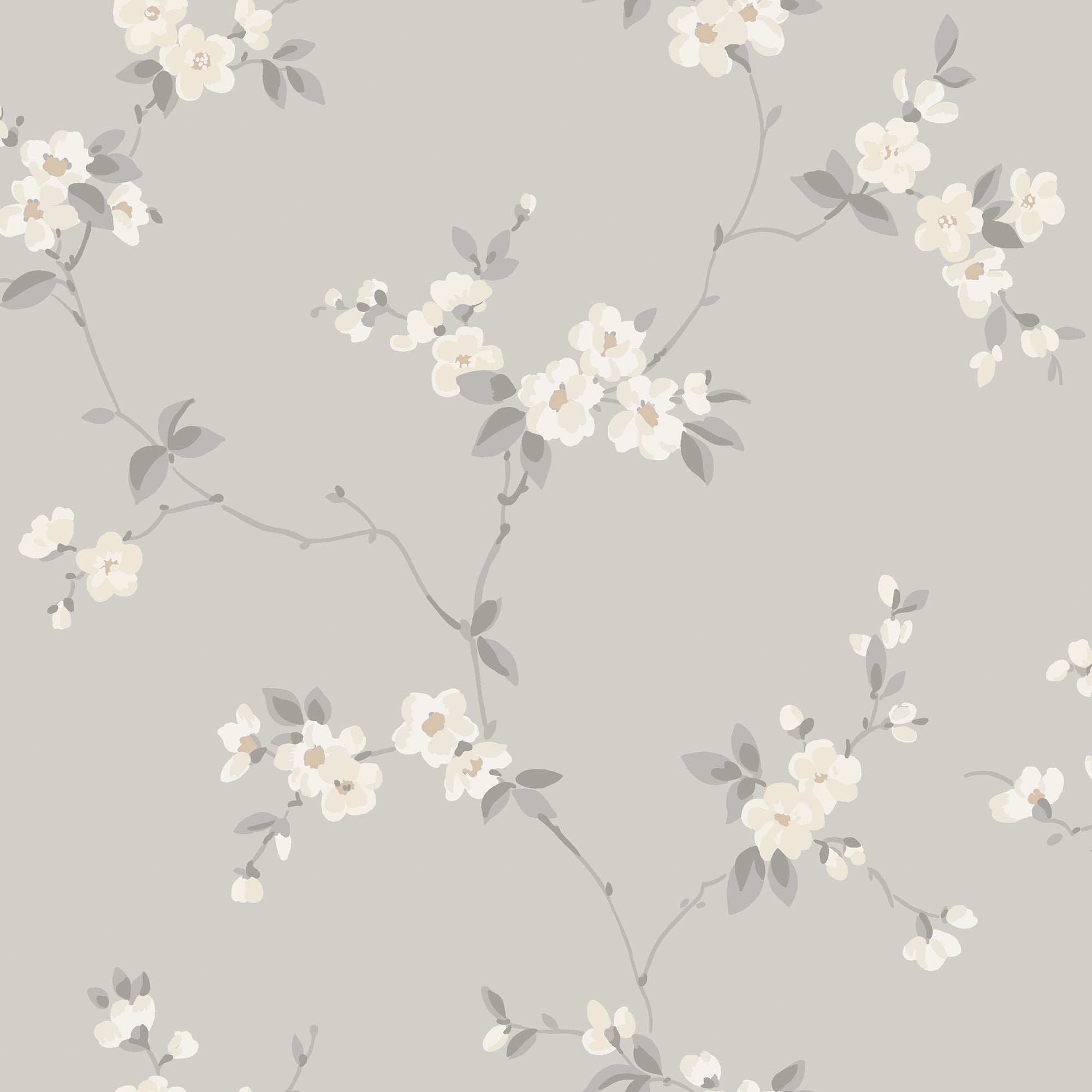 Engla wallpaper by Sandberg, ivory blossom sprigs with grey leaves on a soft grey ground, flat swatch