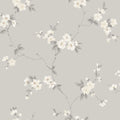 Engla wallpaper by Sandberg, ivory blossom sprigs with grey leaves on a soft grey ground, flat swatch