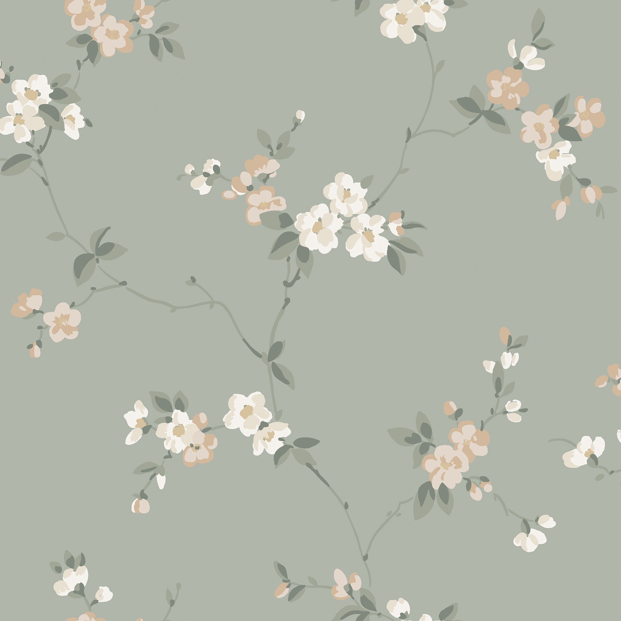 Engla wallpaper by Sandberg, cream blossoms and green leaves on a sage green ground, flat swatch